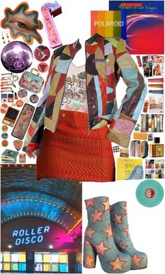 Collage | moodboard | fashion | outfit | leather jacket | rainbow outfit | platform shoes | retro | 80s | 90s | 00s | Cheap Retro Multicolor Mini Skirt, Multicolor Retro Print Mini Dress, Retro Multicolor Mini Skirt, 90s Patchwork Multicolor Outerwear, Multicolor Retro Patchwork Cardigan, Outfit Leather Jacket, Moodboard Fashion, Collage Moodboard, Roller Disco