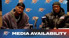 two young men sitting in front of microphones at a press conference for the new york thunder