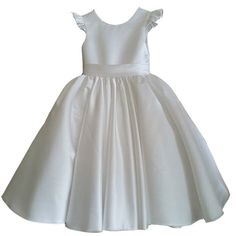 Flower Girl Dress Elegant Princess Dress With Ruffles For First Communion, Elegant Ruffled Baptism Dress For Party, Elegant Satin Princess Dress For Formal Occasions, Elegant First Communion Dress With Ruffles, Elegant Cream Dress With Flutter Sleeves, White Ruffled Princess Dress For First Communion, Princess Style White First Communion Dress With Ruffles, White Ruffled Pageant Dress For First Communion, White Princess Dress With Ruffles For First Communion