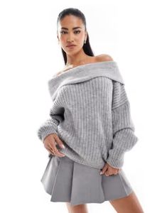 ASOS DESIGN oversized knitted off shoulder sweater in gray | ASOS Oversized Off-shoulder Winter Top, Formal Dresses Graduation, Winter Party Dress, Oversize Knit, Off Shoulder Sweater, Long Sleeve Floral Dress, Sweaters And Leggings, Satin Slip Dress, Vacation Dresses