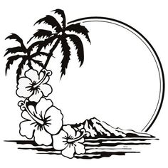 a black and white drawing of a palm tree with flowers in front of the moon