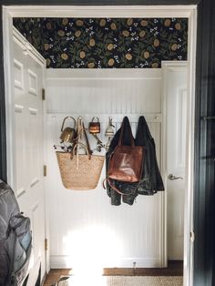 a coat rack with two coats hanging from it's hooks and purses on the wall