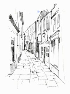 a black and white drawing of a narrow street