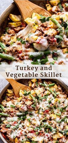 turkey and vegetable skillet is shown in two pans with wooden spoons on the side