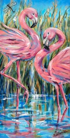 two pink flamingos are standing in the water with grass and butterflies flying around them