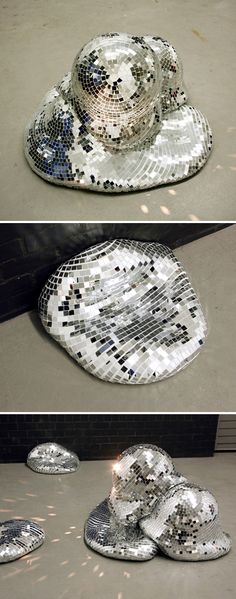 two pictures of hats made out of sequins on the ground, one is silver and the other is white