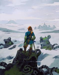 a painting of a person standing on top of a mountain looking at the snow covered ground