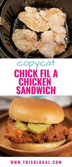 Top image - Chicken in the Air Fryer basket Bottom Image- completed Air Fryer Chick Fil A sandwich Chick Fil A Chicken Sandwich, Chick Fil A Chicken Sandwich Recipe, Chick Fil A Sandwich, Chicken Breast Sandwich, Spicy Chicken Sandwiches, Chicken Sandwich Recipes, Chicken Sandwiches, Fried Chicken Sandwich, Air Fryer Recipes Chicken