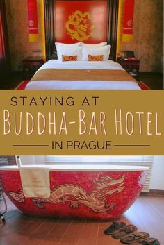 a bed and bathtub in a room with the words staying at buddha - bar hotel in prague