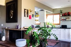 a living room filled with lots of furniture and plants on top of a wooden table