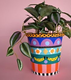 a potted plant sitting on top of a pink table next to a green leafy plant