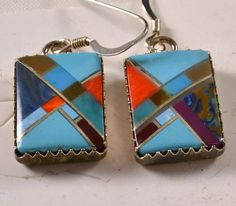 Turquoise Channel Inlay Mosaic Earrings  by ChicMouseVintage Blue Inlay Earrings For Gifts, Blue Inlay Earrings For Gift, Turquoise Inlay Earrings Gift, Turquoise Inlay Earrings As Gift, Unique Blue Earrings With Inlay, Unique Blue Inlay Earrings, Rectangular Inlay Jewelry For Gifts, Mosaic Earrings, Jewlery Rings