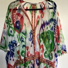 Never Used, Was Sitting In The Closet For A While. Colorful V-neck Top For Vacation, Casual Multicolor V-neck Cover-up, Summer Multicolor Print V-neck Blouse, Summer V-neck Blouse In Multicolor Print, Summer V-neck Blouse With Multicolor Print, Red Tunic Blouse For Summer, Colorful Long Sleeve Blouse For The Beach, Colorful Long Sleeve Blouse For Beach, Colorful Long Sleeve Beach Blouse