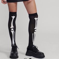 Over The Knee Skeleton Socks One Size Comfortable Stretchy Design Synthetic Materials Black Fitted Knee-high Socks For Halloween, Papyrus Cosplay, Skeleton Socks, Skeleton Tights, Weasley Sweater, Welly Socks, Japanese Clothes, Sweater Socks, Fred And George Weasley