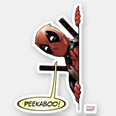 a deadpool sticker with the letter e in it's center and an arrow sticking