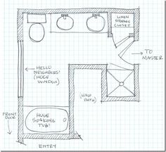 a drawing of a bathroom with toilet, sink and bathtub in the middle of it