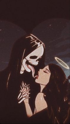 an animated image of a woman kissing a man