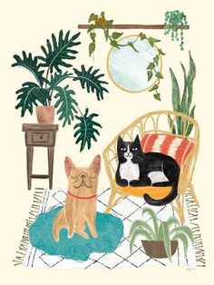 two cats are sitting on a chair in front of a potted plant and a mirror