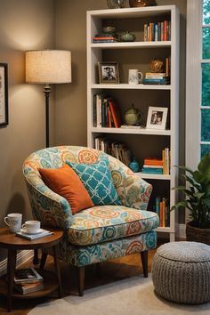 a living room filled with furniture and a book shelf next to a window covered in books