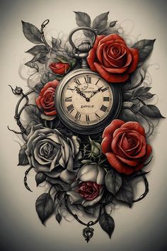 a clock surrounded by roses on a white background