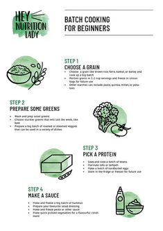 the instructions for cooking broccoli and other foods on a white background with green lettering