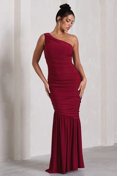 The Limelight Berry Asymmetric Ruched Fishtail Maxi Dress – Club L London - USA Ruched Maxi Dress For Prom, One Shoulder Ruched Fitted Gown, One Shoulder Ruched Gown For Gala, Floor-length Ruched One Shoulder Prom Dress, Ruched One-shoulder Floor-length Prom Dress, Ruched Maxi Dress For Prom Season, Floor-length Ruched One Shoulder Dress For Gala, One Shoulder Ruched Evening Dress For Prom, Ruched One Shoulder Floor-length Dress For Gala