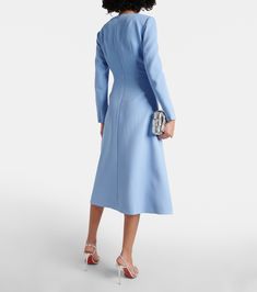 Elta crêpe midi dress in blue - Emilia Wickstead | Mytheresa Fitted A-line Crepe Midi Dress, Knee-length Elastane Cocktail Dress, Long Sleeve Elastane Midi Dress For Cocktail, Chic Structured Dress With Back Zipper, Elegant Long Sleeve Crepe Midi Dress, Elastane A-line Cocktail Dress, A-line Elastane Midi Dress For Party, Elegant A-line Midi Dress In Elastane, A-line Crepe Midi Dress For Work