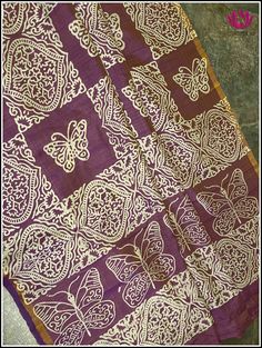 Drape yourself in elegance with this beautiful Bishnupuri Katan Silk Saree. Crafted with lightweight silk and featuring a dual shade of purple with a golden hue, it has a versatile style perfect for evening parties and casual wear. Its hand block printed, butterfly prints and elegant design make it the perfect choice for any occasion. Certified by Silk Mark, this saree is sure to turn heads. Styling tip: Accessorize with german silver jewelry for a super trendy look. Fall and Pico - done Blouse Purple Raw Silk Dupatta With Zari Weaving, Purple Handloom Tussar Silk Saree, Purple Raw Silk Dupatta With Pallu, Festive Purple Tussar Silk Dupatta, Purple Tussar Silk Dupatta With Zari Weaving, Purple Slub Silk Saree With Traditional Drape, Purple Slub Silk Saree For Puja, Purple Tussar Silk Dupatta With Cutdana, Traditional Purple Slub Silk Saree