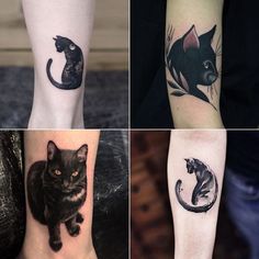 four different types of tattoos with cats on their arms and legs, all showing the same cat's head