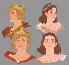 four different types of women wearing tiaras and gowns, one in gold, the other in red