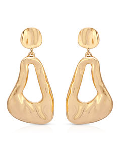 two pairs of gold toned earrings with circular shapes on the front and back, one is shaped