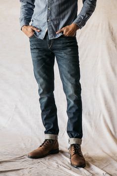 Our premium denim is inspired by the classic vintage blue jean. Our Premium Japanese 4-Way Stretch Selvedge denim story starts in Japan where our fabric is developed at one of the oldest denim mills. We blend a unique 4 way stretch material with selvedge denim to create a specific amount of stretch and comfort you wouldn’t typically get with selvedge denim. This 360 degree of stretch gives the wearer comfort from every angle no matter what they are doing. Our 4-Way Stretch selvedge fabric is wea Denim Outfit Men, Fashion Guys, Most Comfortable Jeans, Japanese Selvedge Denim, Men Closet, Concept Clothing, Tactical Clothing, Men Stylish Dress, Rugged Style