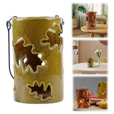 there is a yellow vase with holes in it and other pictures behind it that include flowers