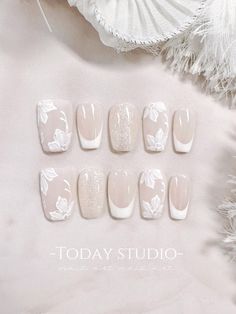 Wedding Nails Korean, Wedding Flower Nails, White Rose Nails, Bridal Nails Square, Floral Wedding Nails, Weding Nails, Bridal Manicure, Elegant Touch Nails