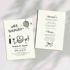 two wedding cards with the words we're engaged and wine glasses on them next to each other