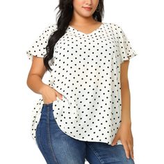 This polka-printed blouse with flat shoes shows your feminine charm from work to your summer happy time day and night. Comfortable and lightweight, it is a nice choice for your summer daily wardrobe. This v-neckline blouse is matched with a self-tie waist and ruffled short sleeves to make you a more vintage fashion style. The tie at the waist cinches the waist for a slimming effect and looks very elegant. Split Blouse, Vintage Fashion Style, Crochet Lace Shorts, Party Blouse, Summer Happy, Ladies Blouse, Plus Size Brands, Polka Dot Shorts, Short Sleeve Tunic