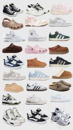 many different types of shoes are shown in this image, with the same color and size