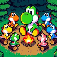 an image of mario and friends in the forest with campfires, mushrooms, and firewood