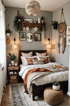 a bed sitting in a bedroom next to a wooden shelf filled with potted plants