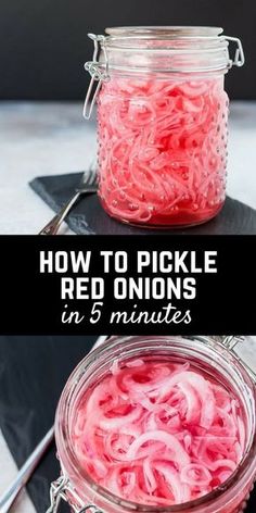 two jars filled with red onions sitting on top of a table