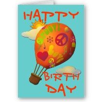 a happy birthday card with a hot air balloon