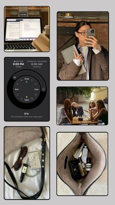 a collage of photos with various items in them including a laptop, camera and other things