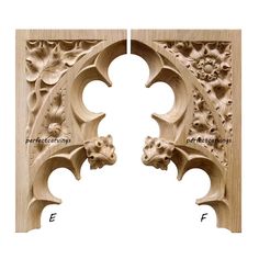 two wooden carvings with different shapes and designs on the front, side and back sides