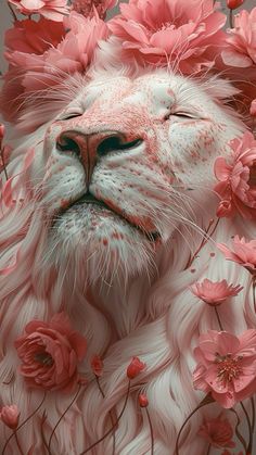 a white lion surrounded by pink flowers