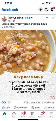 the facebook page for navy bean soup