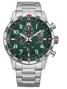 Silver-tone stainless steel case and bracelet. Rotating bezel silver-tone stainless steel bezel. Green dial with white hands and Arabic numeral hour markers. Minute markers around the outer rim. Dial Type: Analog. Luminescent hands and markers. Date display at the 3 o'clock position. Chronograph - three sub-dials displaying: 60 second, 60 minute and 24 hour. Caliber B612-00M eco-drive movement. Scratch resistant mineral crystal. Screw down crown. Solid case back. Round case shape, case size: 43 Mens Watches Citizen, Mens Chronograph, Citizen Watch, Citizen Eco, Eco Drive, 100m, Automatic Watch, Breitling Watch, Chronograph Watch