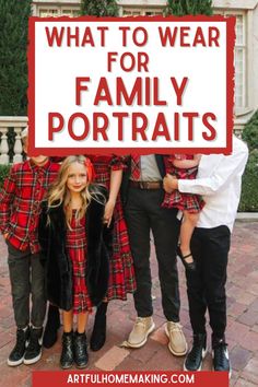 a family holding up a sign that says, what to wear for family portraits