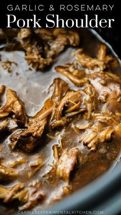 a slow cooker full of pork shoulder roast with gravy on the side