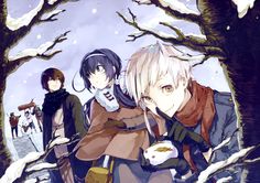 three anime characters standing in the snow near some trees and one is holding a hot dog