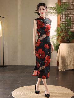 Elevate your wardrobe with this stunning Qipao/Cheongsam, a timeless symbol of elegance and grace. This dress features sleeveless design, a bold, red and black floral pattern that stands out against a dark backdrop, making it a perfect choice for special occasions or evening events. Size Guide: Size Bust(cm) Waist(cm) Hip(cm) Shoulder(cm) S 82 66 86 36 M 86 70 90 37 L 90 74 94 38 XL 94 78 98 39 2XL 98 82 102 40 3XL 102 86 106 41 Please refer to the size guide picture before placing the order. Pl Traditional Fitted Sleeveless Cheongsam, Red Sleeveless Fitted Cheongsam, Elegant Red Sleeveless Cheongsam, Red Fitted Sleeveless Cheongsam, Elegant Sleeveless Red Cheongsam, Sleeveless Cheongsam, Black Cheongsam, Qipao Pattern, Red Qipao